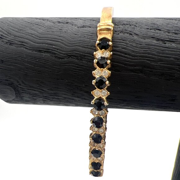 Vintage Hinged Bangle Bracelet Gold Tone Black & Clear Rhinestones - Picture 6 of 10